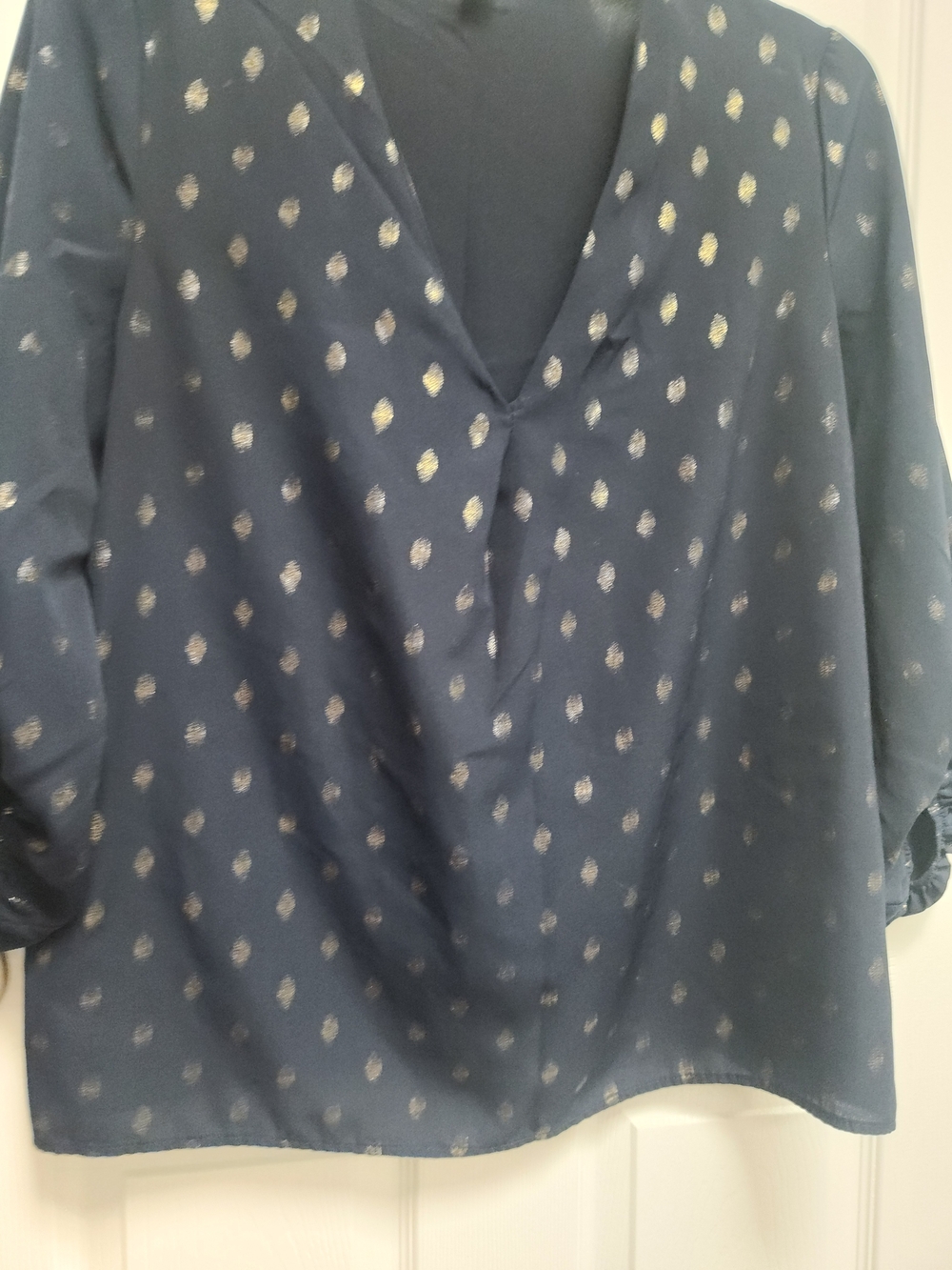 SLNY Women's Navy V-Neck Dot Blouse with Metallic Gold Accents
